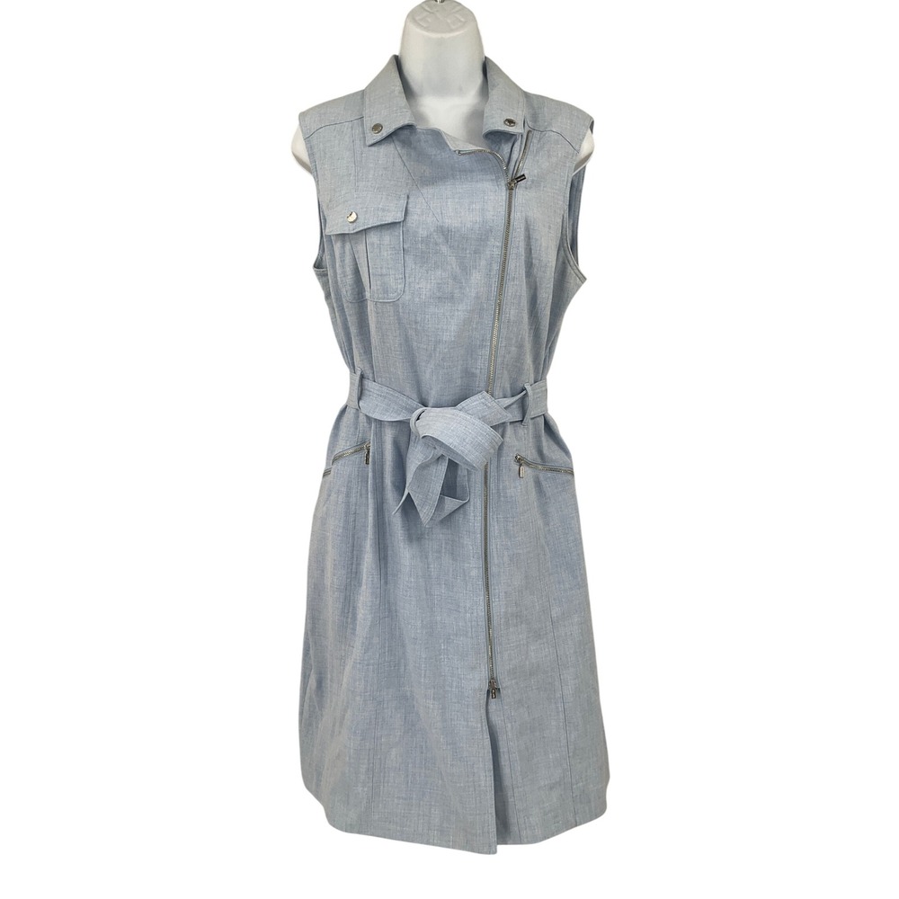 Calvin Klein Dress Women 12 Light Blue Trench Zip Up Belted Sleeveless Classic